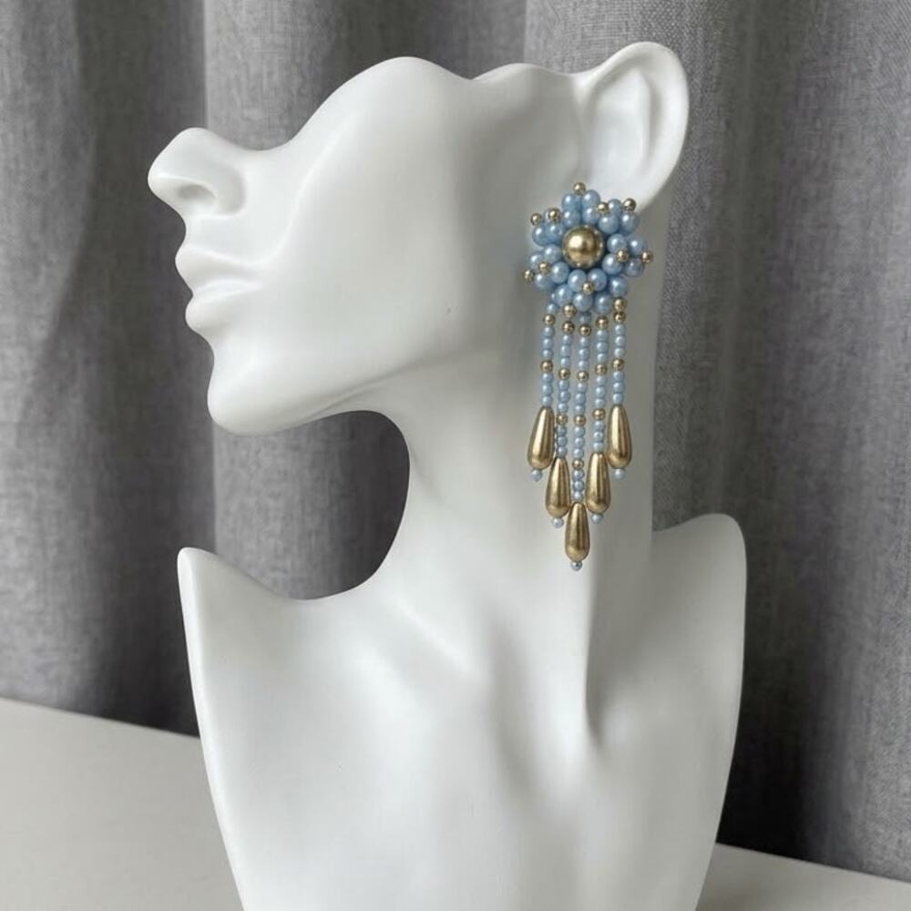 Vintage Blue Beaded Chandelier Earrings Gold Tone Pierced Statement 4”